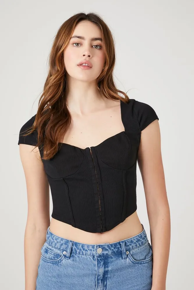 Forever 21 Women's Rib-Knit Hook-and-Eye Corset Crop Top in Black Medium