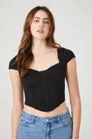 Women's Rib-Knit Hook-and-Eye Corset Crop Top in Black Medium