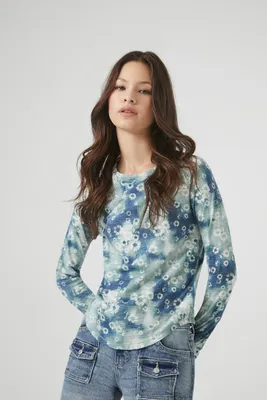 Women's Tie-Dye Floral Print Top Blue