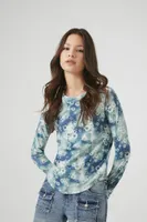 Women's Tie-Dye Floral Print Top in Blue Small