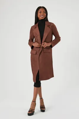 Women's Faux Suede Longline Trench Coat in Chocolate Medium