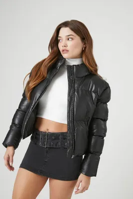 Women's Faux Leather Quilted Puffer Jacket Black