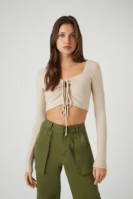 Women's Crisscross Ribbed Knit Crop Top in Khaki Medium