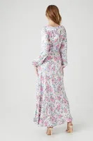 Women's Satin Floral Print Midi Dress in White/Pink Small