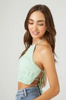 Women's Open-Back Halter Crop Top in Mint, XL