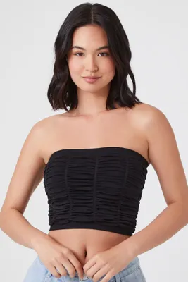 Women's Seamless Ruched Tube Top in Black, M/L