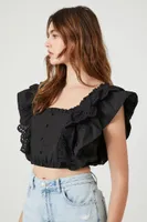 Women's Poplin Ruffle-Trim Crop Top in Black Medium