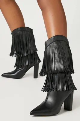 Women's Fringe Block Heel Boots Black,