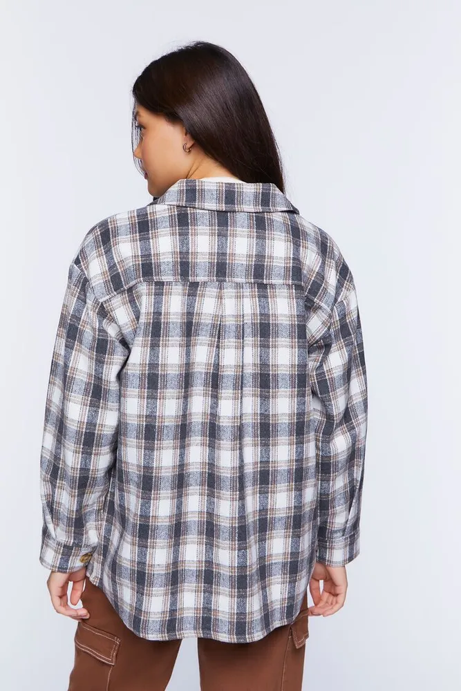 Women's Plaid Drop-Sleeve Shacket in Grey Small