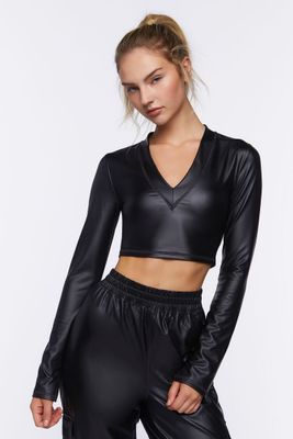 Women's Active Faux Leather Crop Top in Black Small