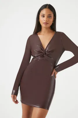 Women's Faux Leather Twist-Front Mini Dress in Burgundy Small