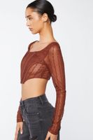 Women's Crochet Lace Long-Sleeve Crop Top in Brown Large