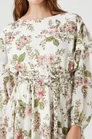 Women's Floral Print Layered Mini Dress in Ivory Large