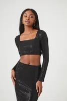 Women's Sequin Crop Top & Maxi Skirt Set in Black, XL