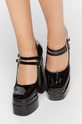 Women's Faux Patent Leather Mary Jane Heels in Black, 7
