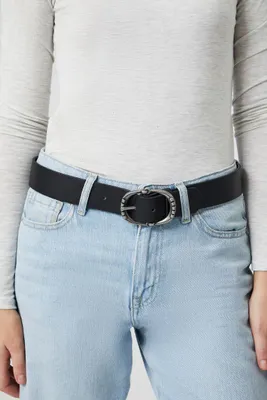 Etched Oval Buckle Belt in Black/Silver, XS/S