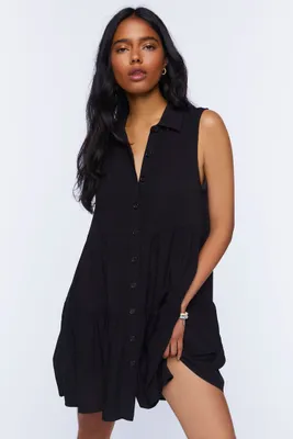 Women's Sleeveless Mini Shirt Dress in Black, XS