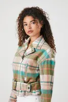 Women's Plaid Belted Moto Jacket in Tan, XS