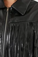 Women's Cropped Fringe Trucker Jacket in Black Small