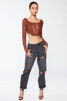 Women's Crochet Lace Long-Sleeve Crop Top in Brown Large