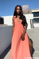 Women's Plunging Slit Maxi Dress in Neon Coral Small