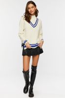 Women's Mock Neck Varsity Sweater in Cream/Blue Large