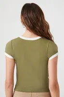 Women's New York Graphic Ringer T-Shirt in Olive/Cream Large