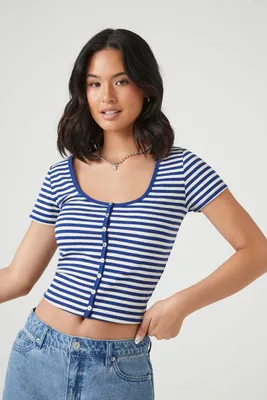 Women's Striped Rib-Knit Cropped T-Shirt in Navy/White, XL