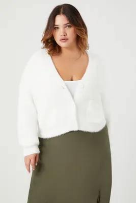 Women's Fuzzy Knit Cardigan Sweater in Vanilla, 0X