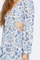 Women's Floral Print Cutout Midi Dress in White/Blue Large