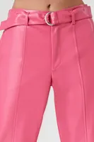 Women's Faux Leather Belted Trouser Pants in Hot Pink Small