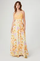 Women's Crepe Floral Print Maxi Dress in Orange Medium