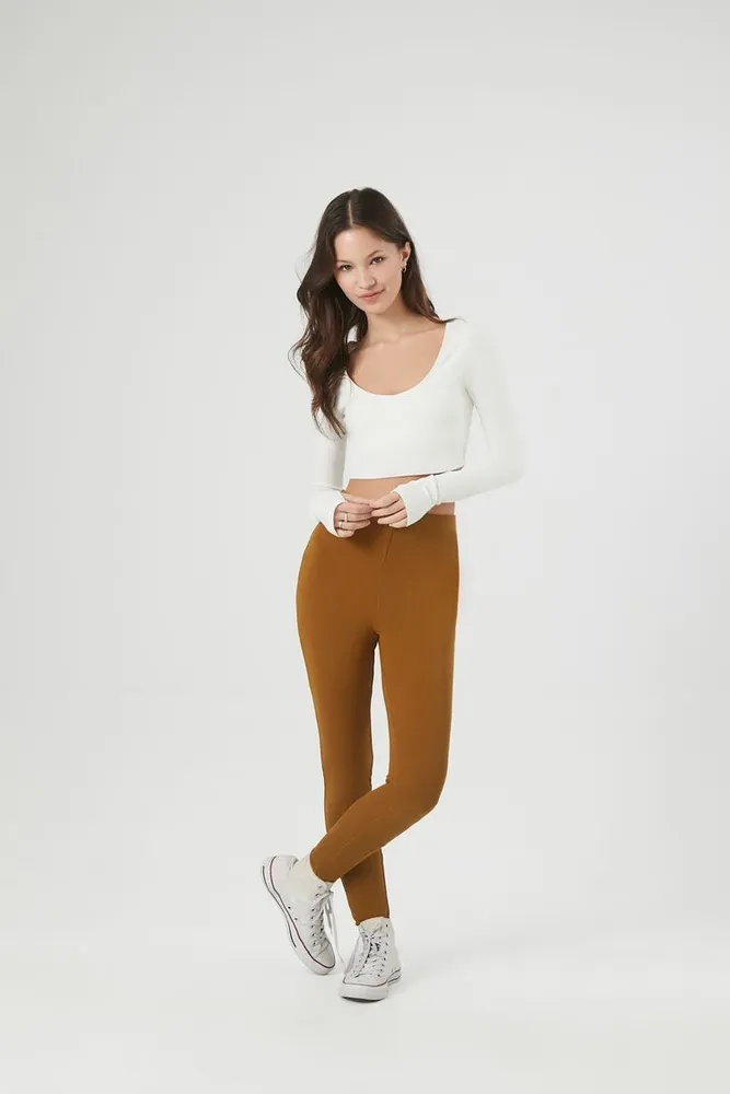 Forever 21 Women's Ribbed Knit High-Rise Leggings in Cigar Medium