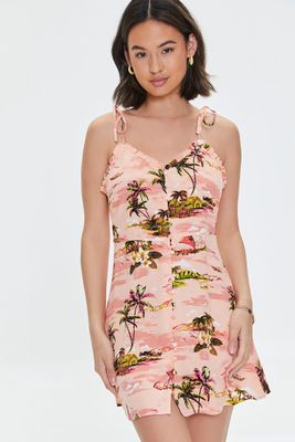 Women's Tropical Ruffled Cami Dress in Peach Small
