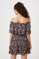 Women's Floral Off-the-Shoulder Mini Dress in Black, XS