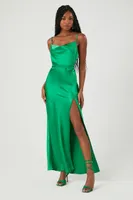 Women's Satin Leg-Slit Maxi Dress in Green Medium