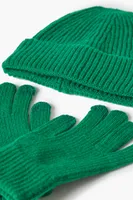 Men Unisex Ribbed Knit Beanie & Gloves Set in Green