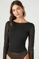 Women's Mesh Rhinestone Cowl Bodysuit in Black Small