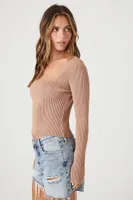 Women's Glitter Sweater-Knit Crop Top in Beige Large