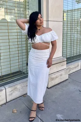 Women's Puff-Sleeve Crop Top & Maxi Skirt Set in Ivory Large