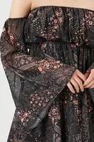 Women's Paisley Print Off-the-Shoulder Mini Dress in Black Medium