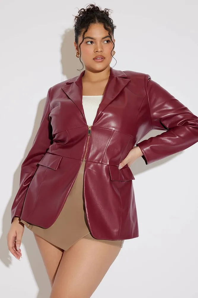 Women's Faux Leather Blazer in Red, 3X