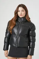 Women's Faux Leather Quilted Puffer Jacket in Black Medium