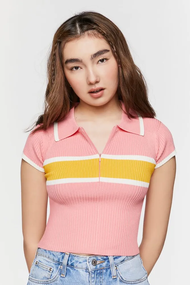 Women's Half-Zip Striped Cutout Top Pink