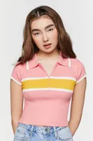 Women's Half-Zip Striped Cutout Top Pink