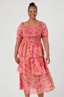 Women's Tiered Floral Print Midi Dress Red,