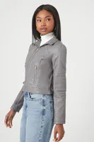Women's Quilted Faux Leather Moto Jacket in Grey, XS