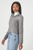 Women's Quilted Faux Leather Moto Jacket in Grey Medium