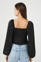 Women's Satin Peasant-Sleeve Crop Top in Black Small