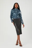 Women's Faux Leather Moto Jacket in Blue Small